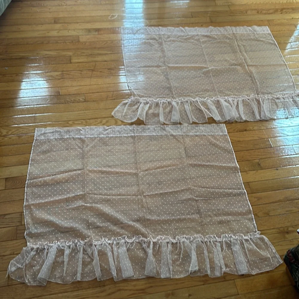 Vintage sheer pink w/white polka dots valence curtain set, circa 1960s
